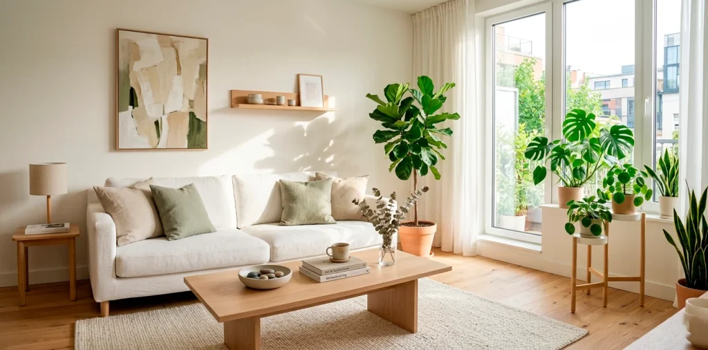 Sunlit small living room featuring light oak furniture, a crisp white linen sofa, and vibrant indoor plants for a bright aesthetic.