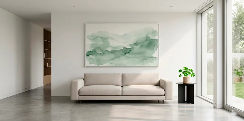 Modern minimalist living room featuring subtle sage green abstract St. Patrick's Day art above a beige sofa.