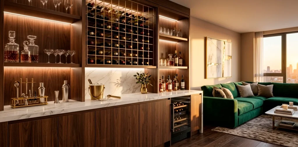 Sophisticated modern home mini bar with marble counters and gold accents in a luxury living room.