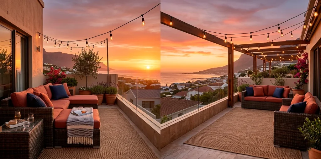 Cozy balcony featuring weatherproof textiles, deep cushions, and an outdoor rug at sunset.
