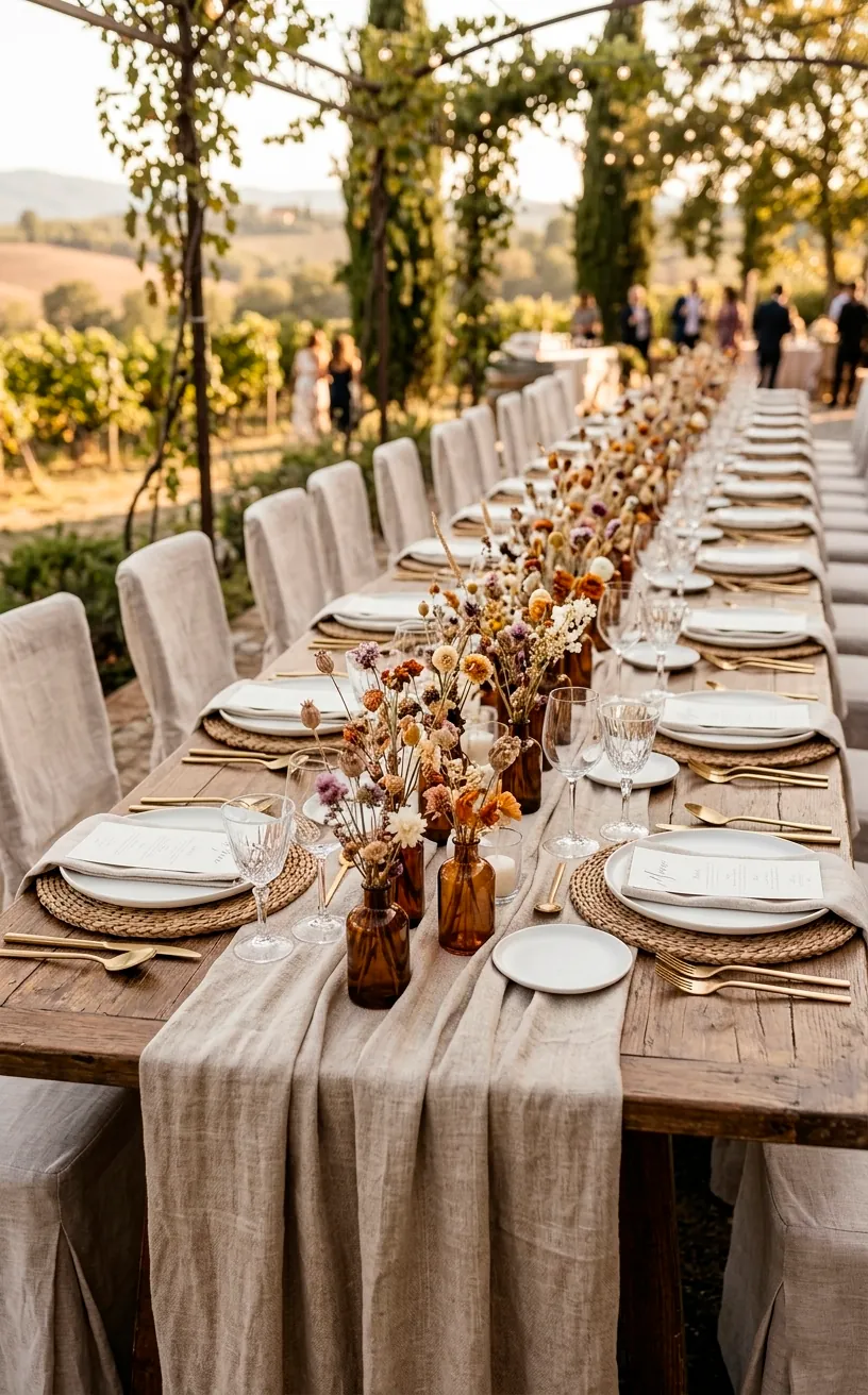 An elegant outdoor wedding dining table setting with flax linen and brushed gold flatware.