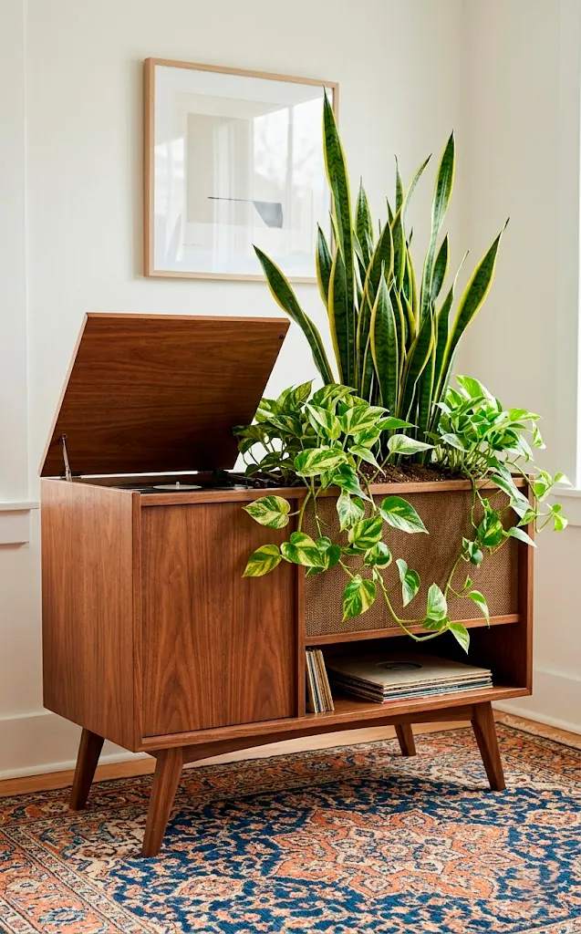Mid-century modern record console repurposed into a large indoor floor planter with snake plants.