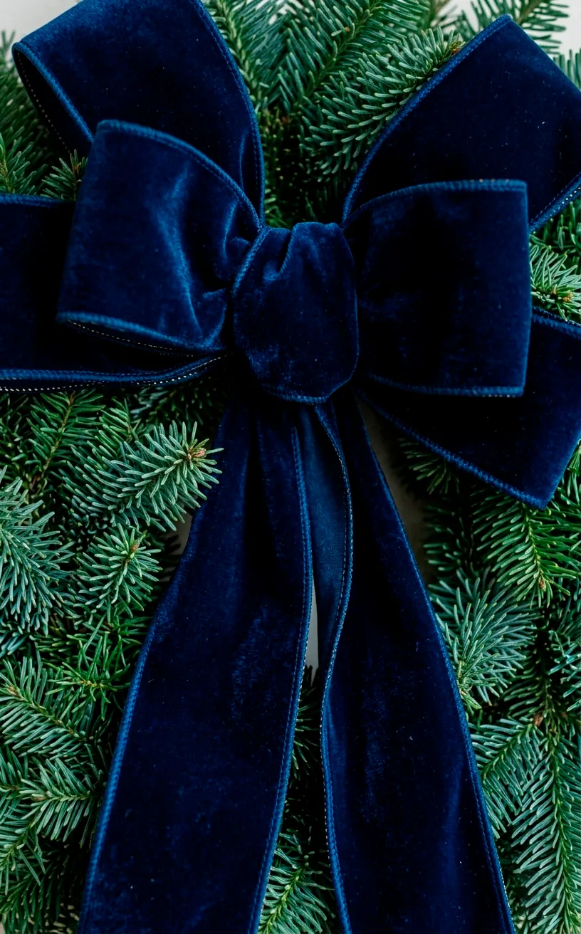 Large navy velvet bow on an evergreen wreath with long draping tails.