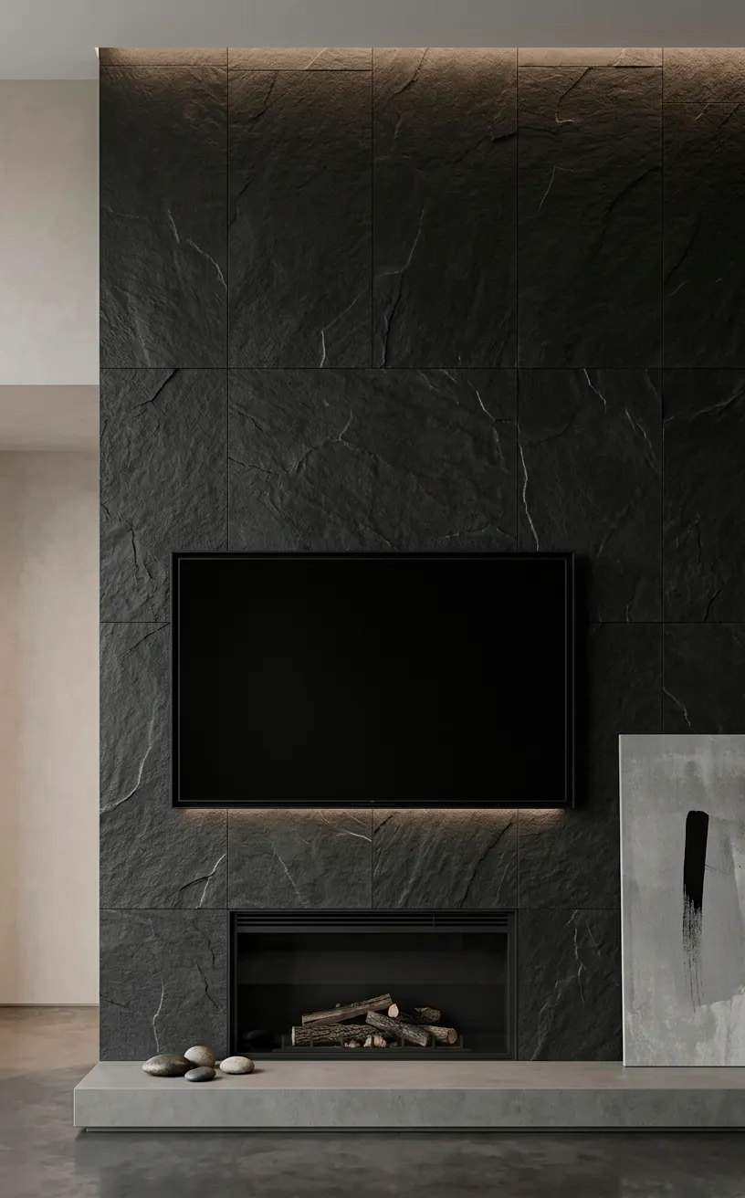 Modern minimalist dark slate fireplace wall with a flush-mounted TV.