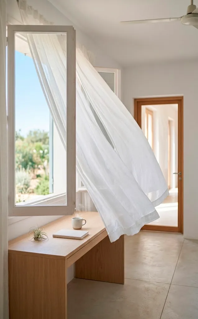 An open office window with blowing curtains demonstrating natural cross-ventilation and airflow.
