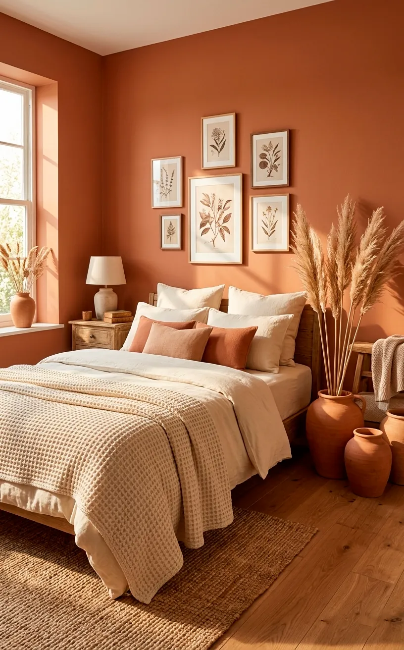 A boho guest bedroom with warm terracotta clay walls and cozy textured cream linen bedding.