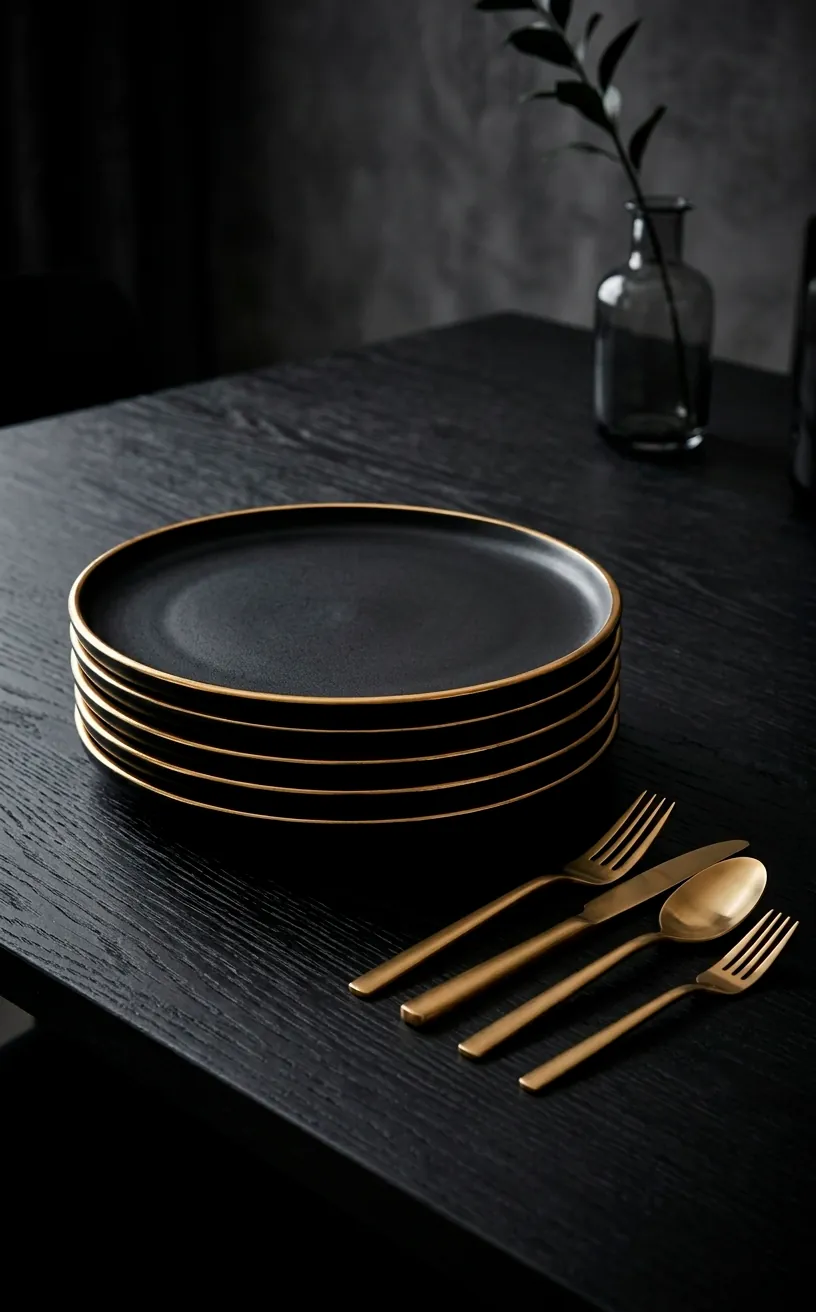 Black porcelain plates with gold rims and gold cutlery.