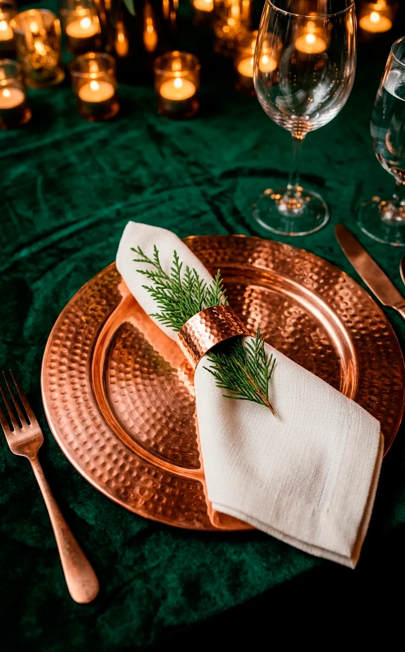Elegant emerald and copper wedding table setting with velvet textures.