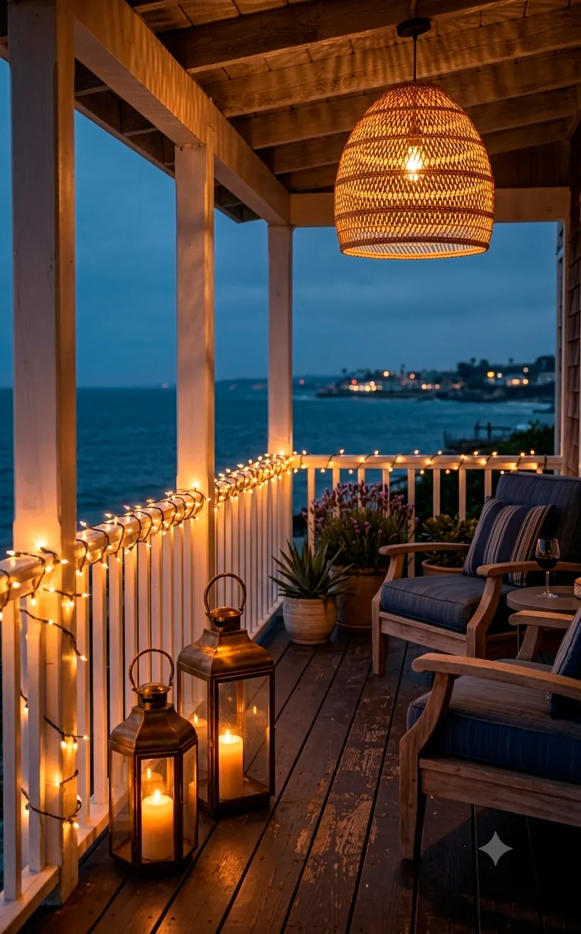 A coastal porch at dusk glowing with warm fairy lights and brass floor lanterns.
