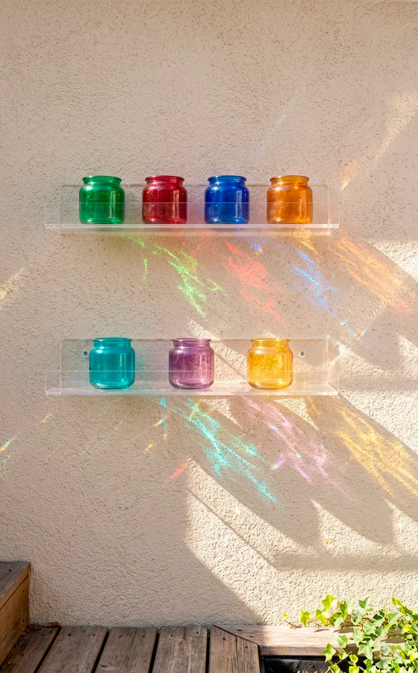 Invisible clear acrylic floating shelves holding colorful glass jars on a sunny small front porch wall.