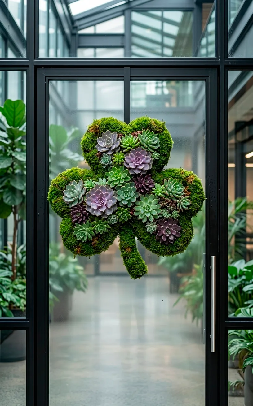 Living shamrock wreath featuring moss and colorful succulents on a modern door.