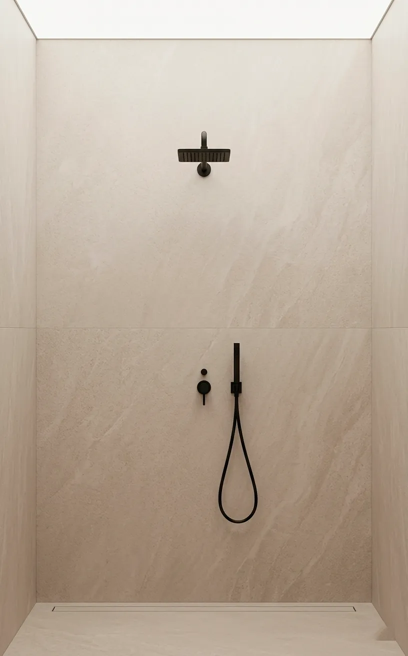 Large format porcelain tile bathroom wall with minimal grout lines and black shower head.