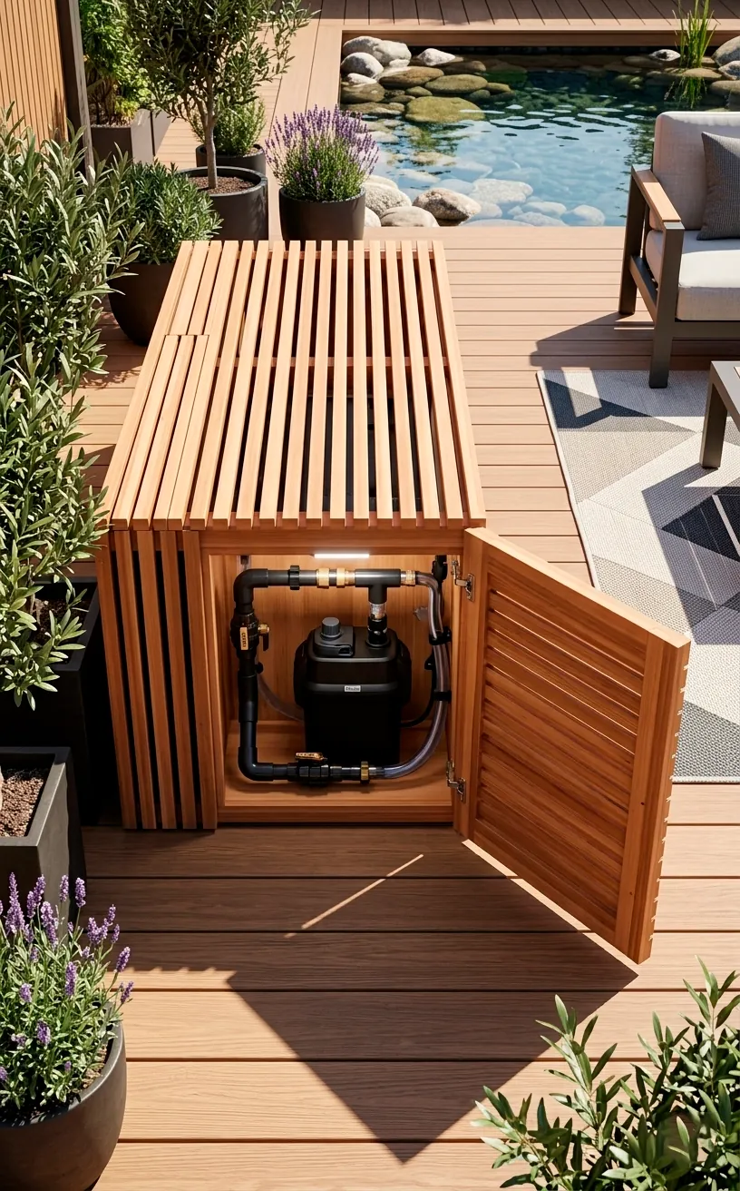 Hidden pond filter system inside a modern wooden deck bench.