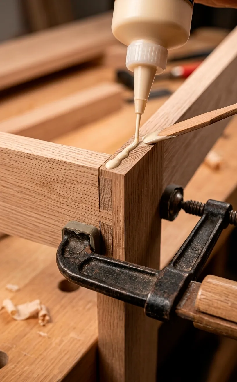 Applying heavy duty wood glue to a wooden bed frame corner joint for stability.