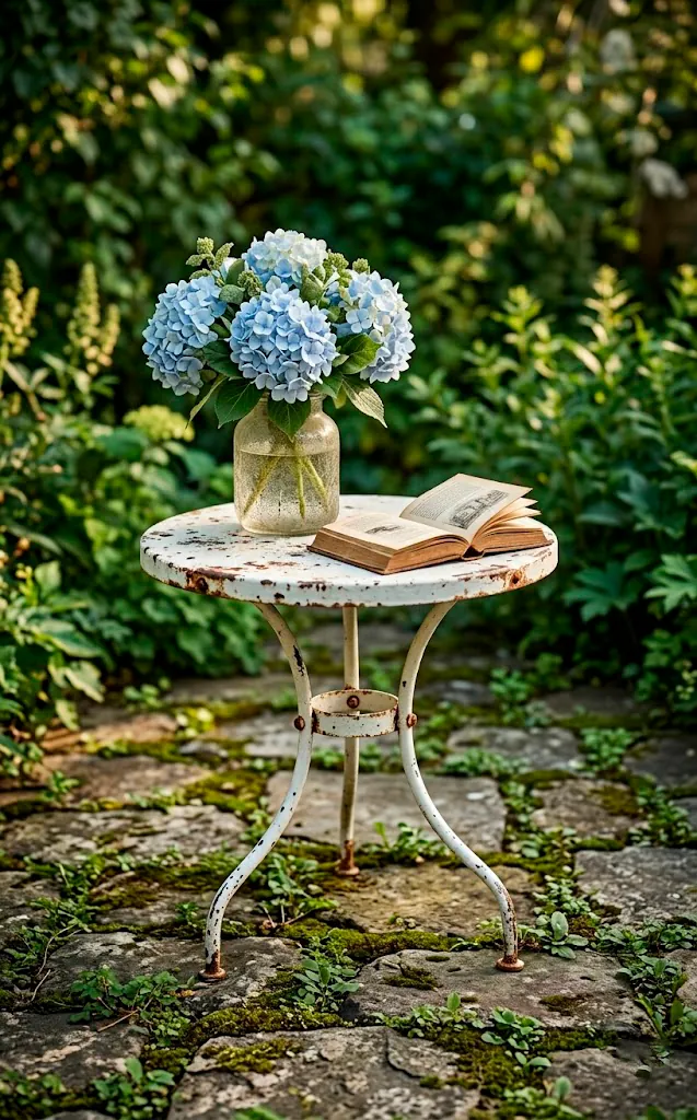 Distressed white metal side table with blue hydrangeas and an old book.