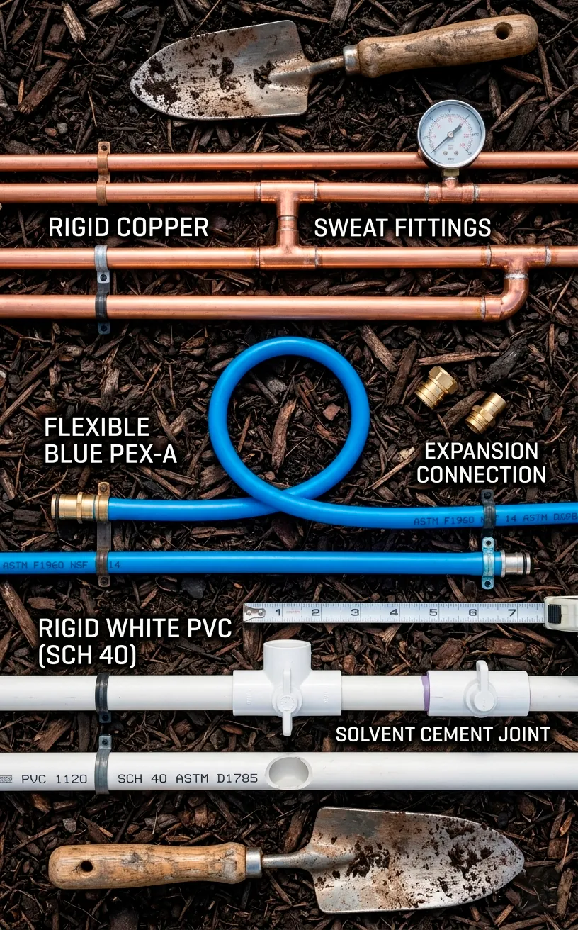 Comparison of PEX, copper, and PVC pipes for outdoor plumbing installation.