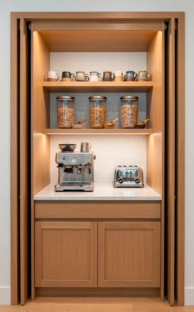 Hidden pantry breakfast station with an espresso machine, toaster, and glass cereal dispensers.