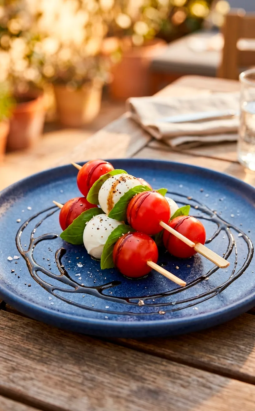 Caprese skewers with balsamic glaze on a navy blue serving plate.