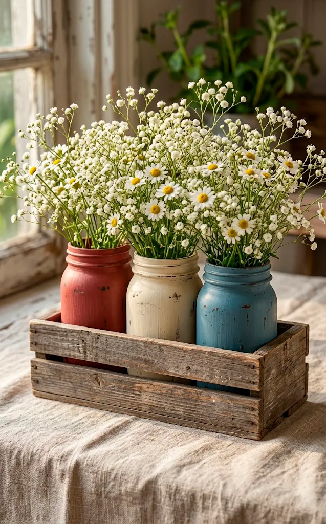 Distressed red white and blue mason jars in a wooden crate with wildflowers.