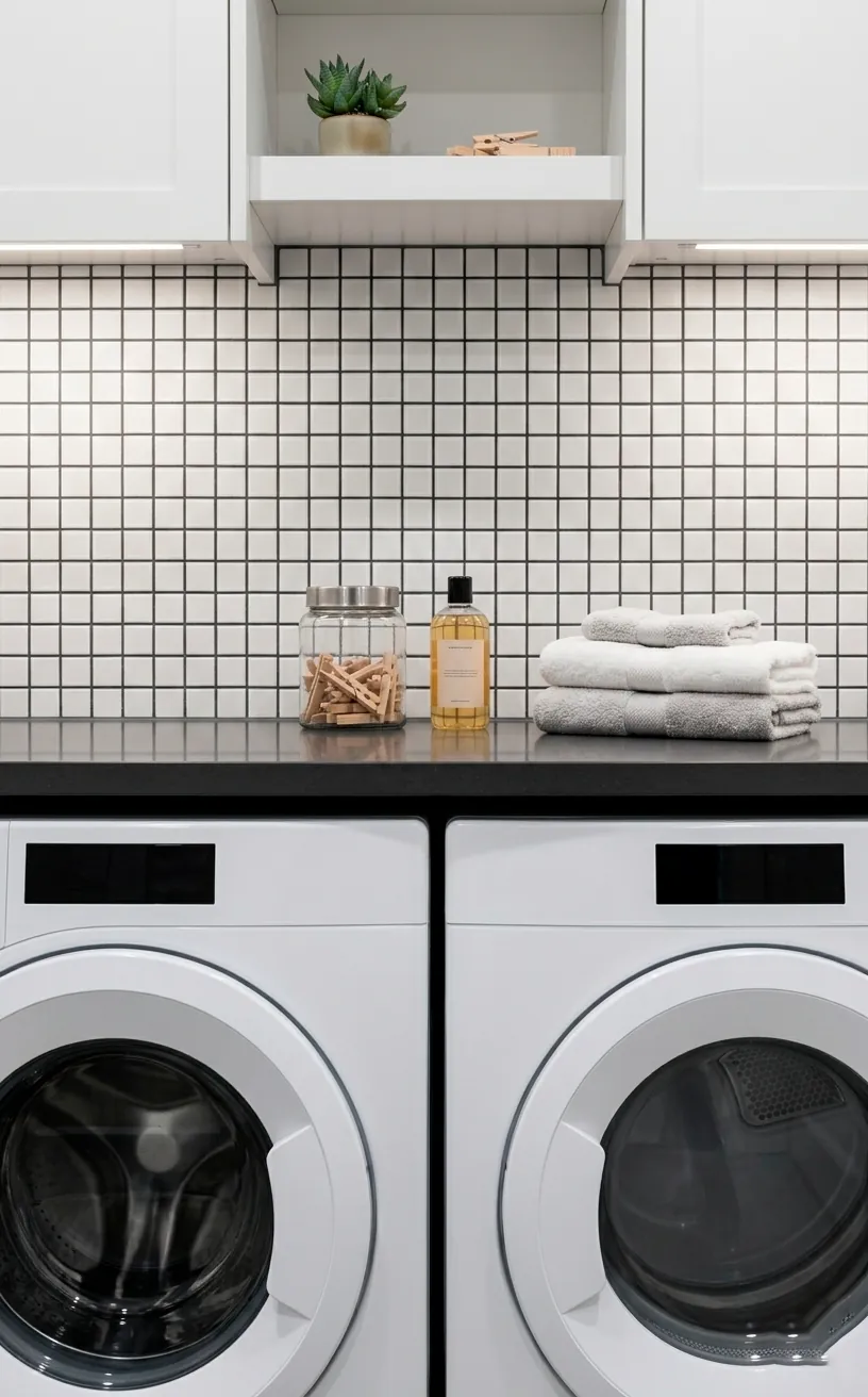 A white square micro grid ceramic tile backsplash with dark grey grout behind modern laundry appliances.