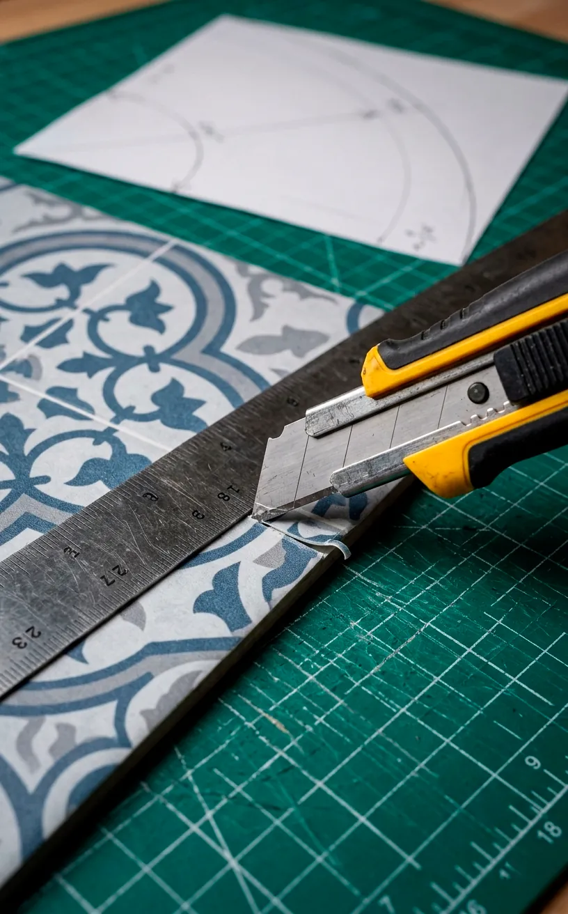 Cutting a vinyl floor tile with a utility knife and metal straightedge.
