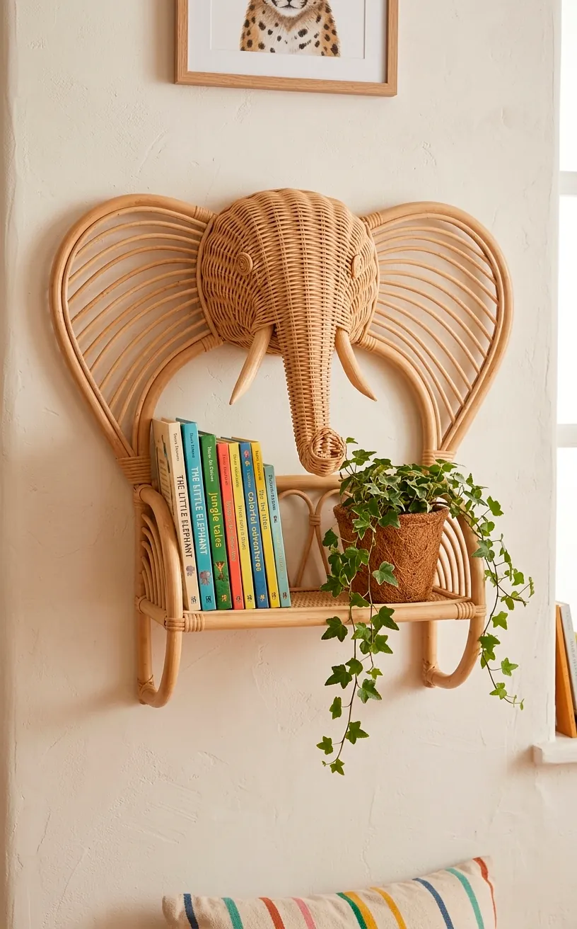 Handmade rattan elephant wall shelf holding books and a small indoor plant.