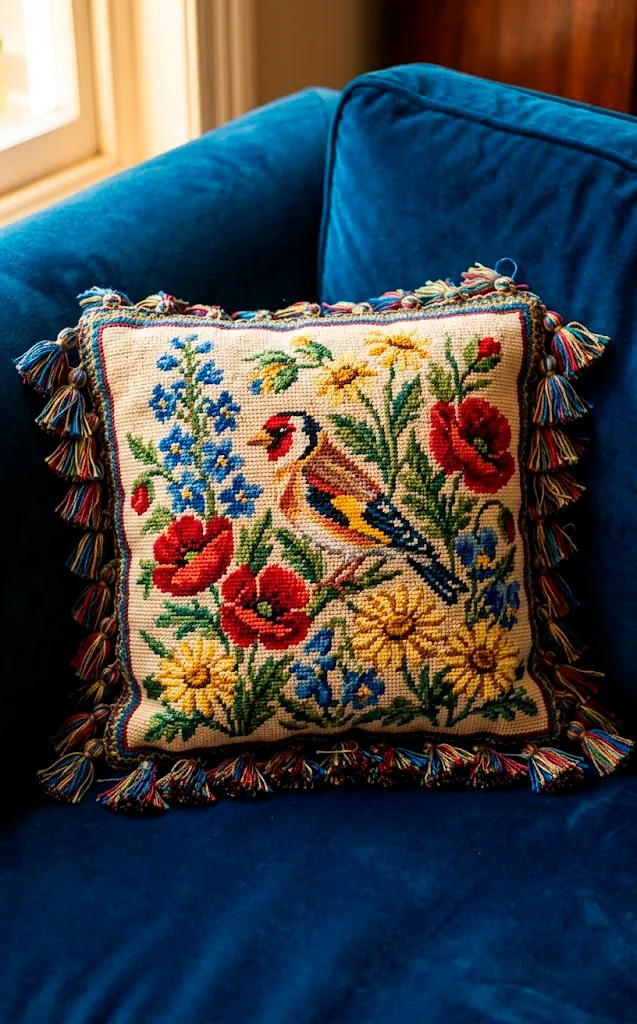 Handmade needlepoint pillow with colorful bird embroidery on a velvet sofa.
