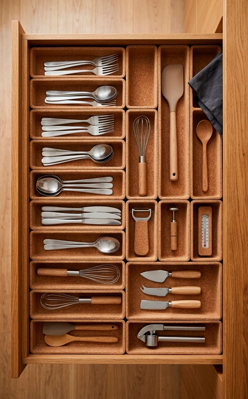 Organized kitchen drawer using eco friendly modular cork organizer trays and dividers.