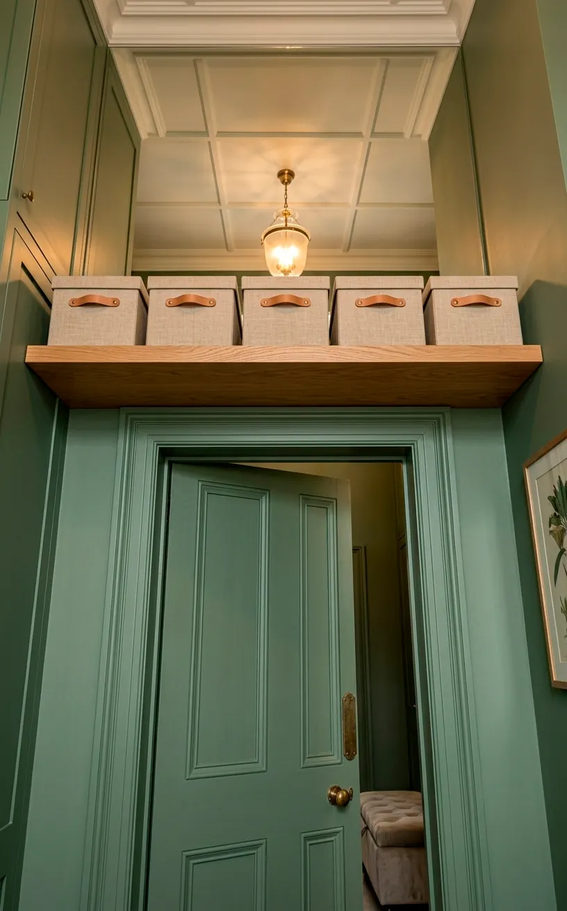 High floating shelf above a doorway holding organized linen storage boxes in a green room.