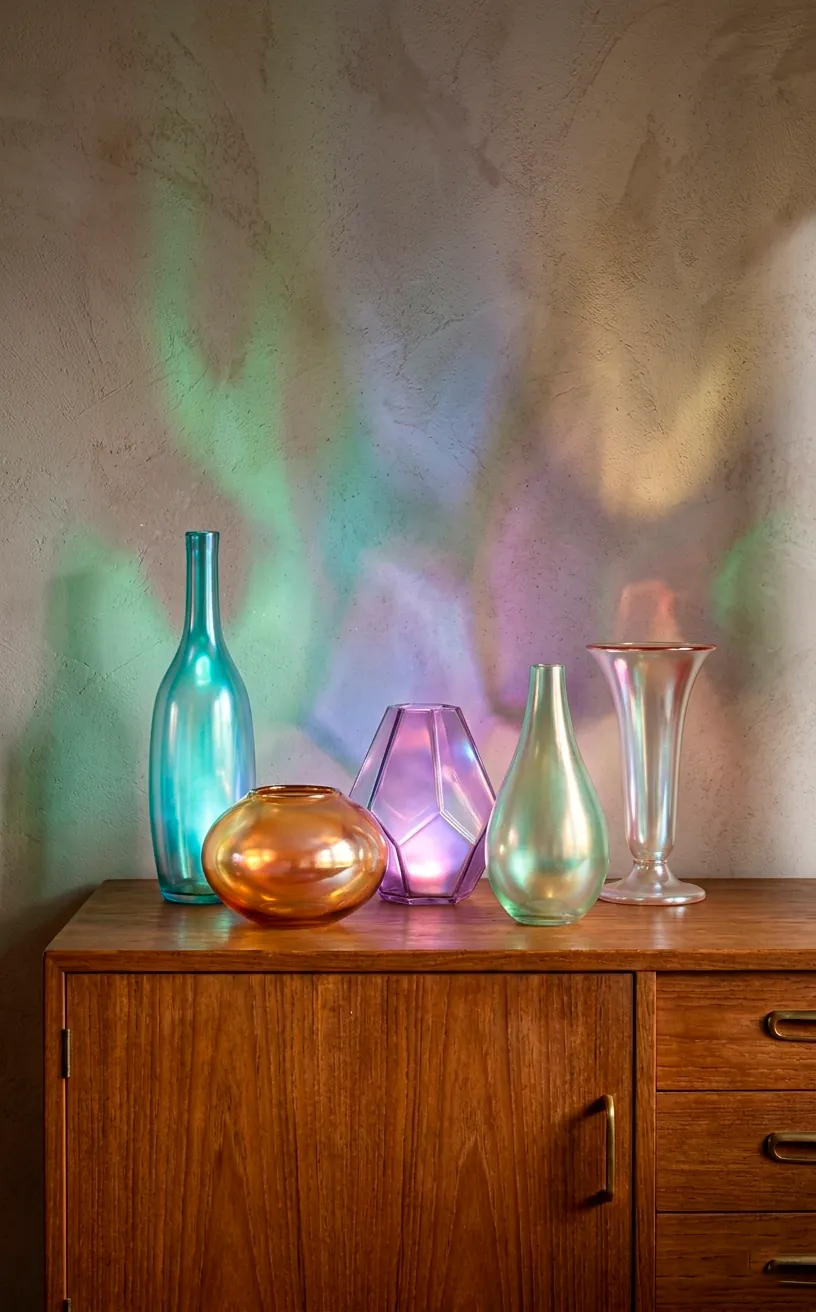 Collection of iridescent glass vases in various shapes glowing on a wooden sideboard.