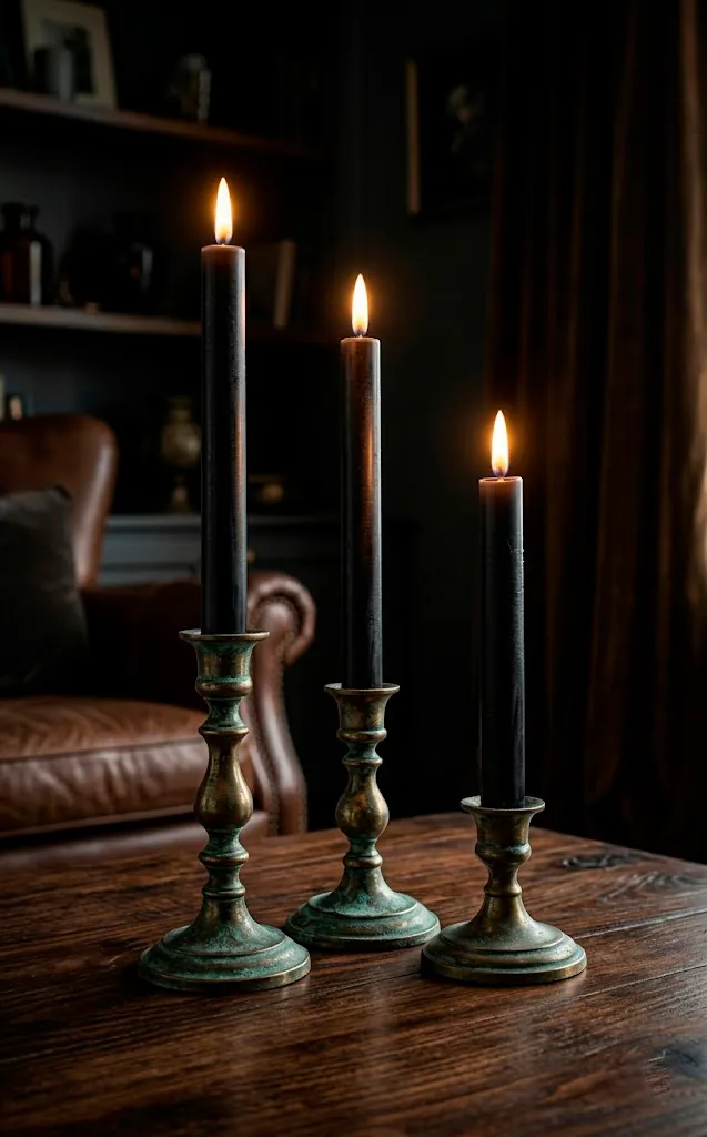 Realistic flameless black taper candles in brass holders flickering in a dark, moody living room.