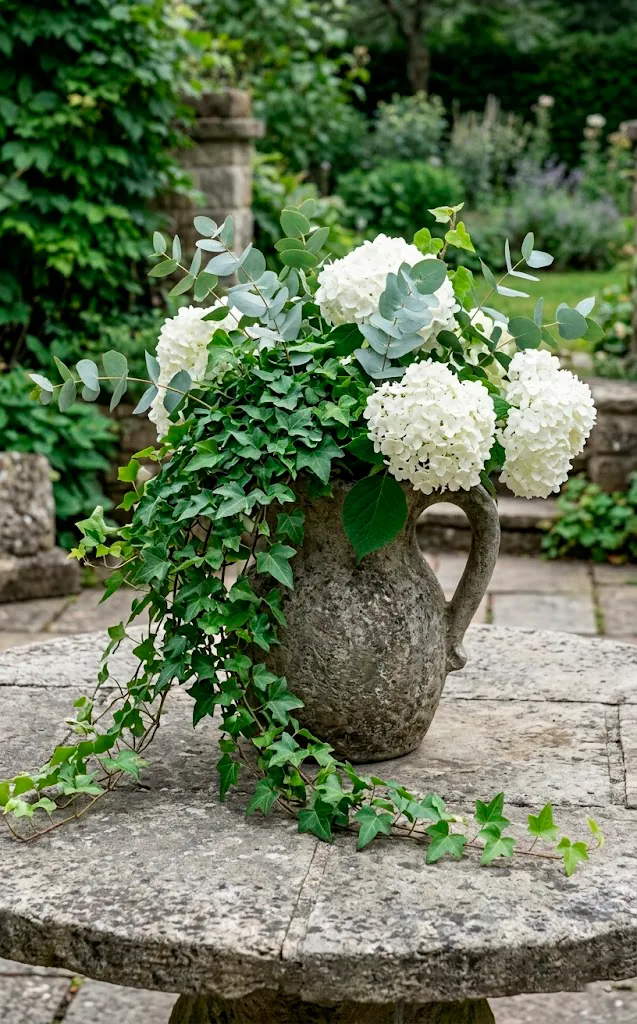Large stone pitcher overflowing with white hydrangeas and trailing green ivy.