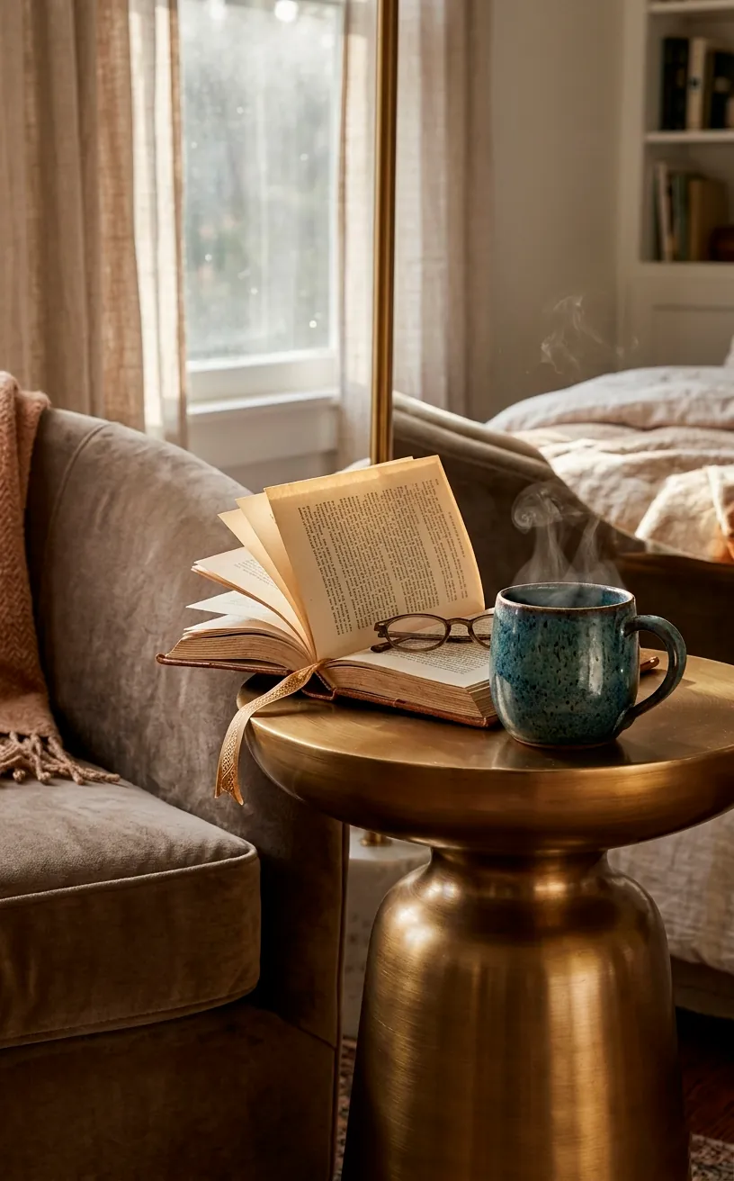 Sleek brass pedestal side table with a coffee mug and open book.