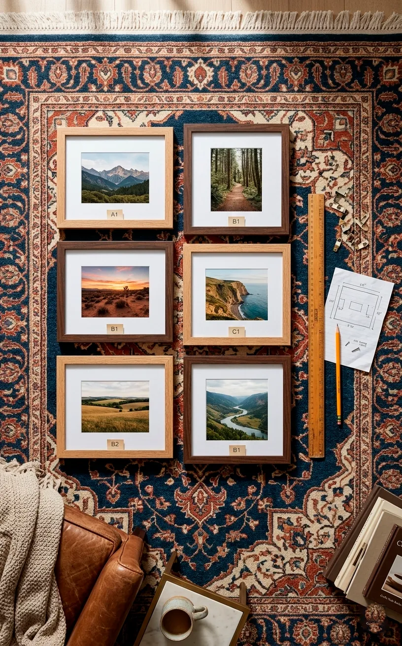 Gallery wall frames laid out in a 2x3 grid on a rug for measurement and planning.