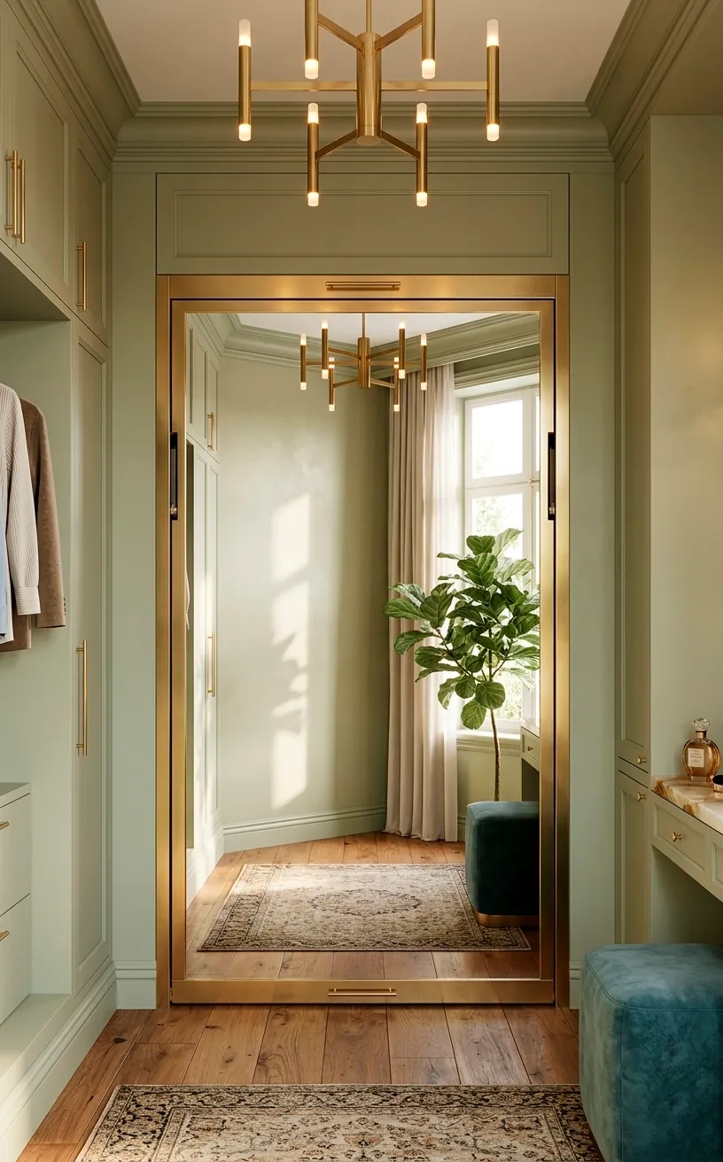 Full length mirror Murphy bed in a bright modern dressing room.