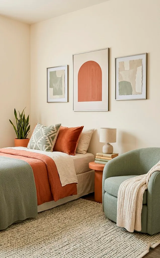 Studio apartment with a cohesive color palette of terracotta and sage green.