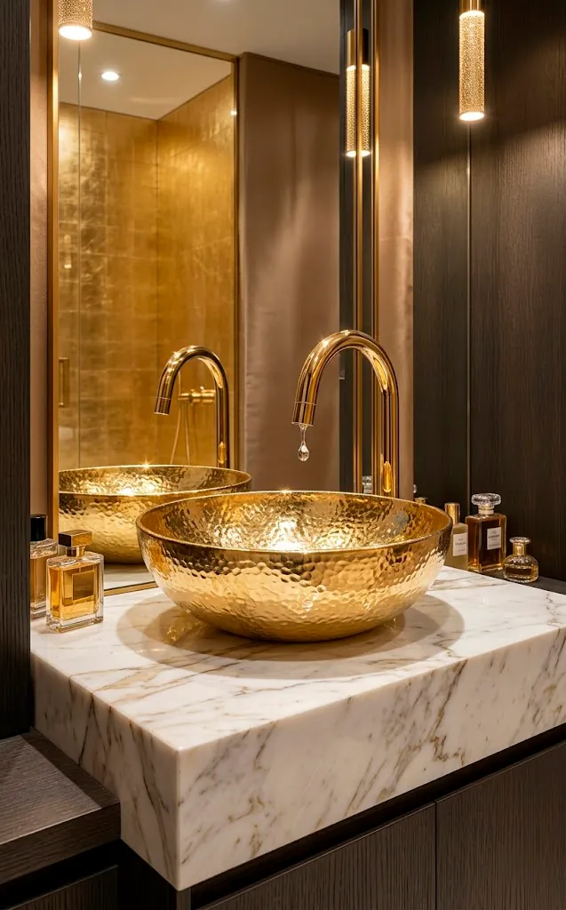 Hammered gold vessel sink on a luxury white marble countertop.