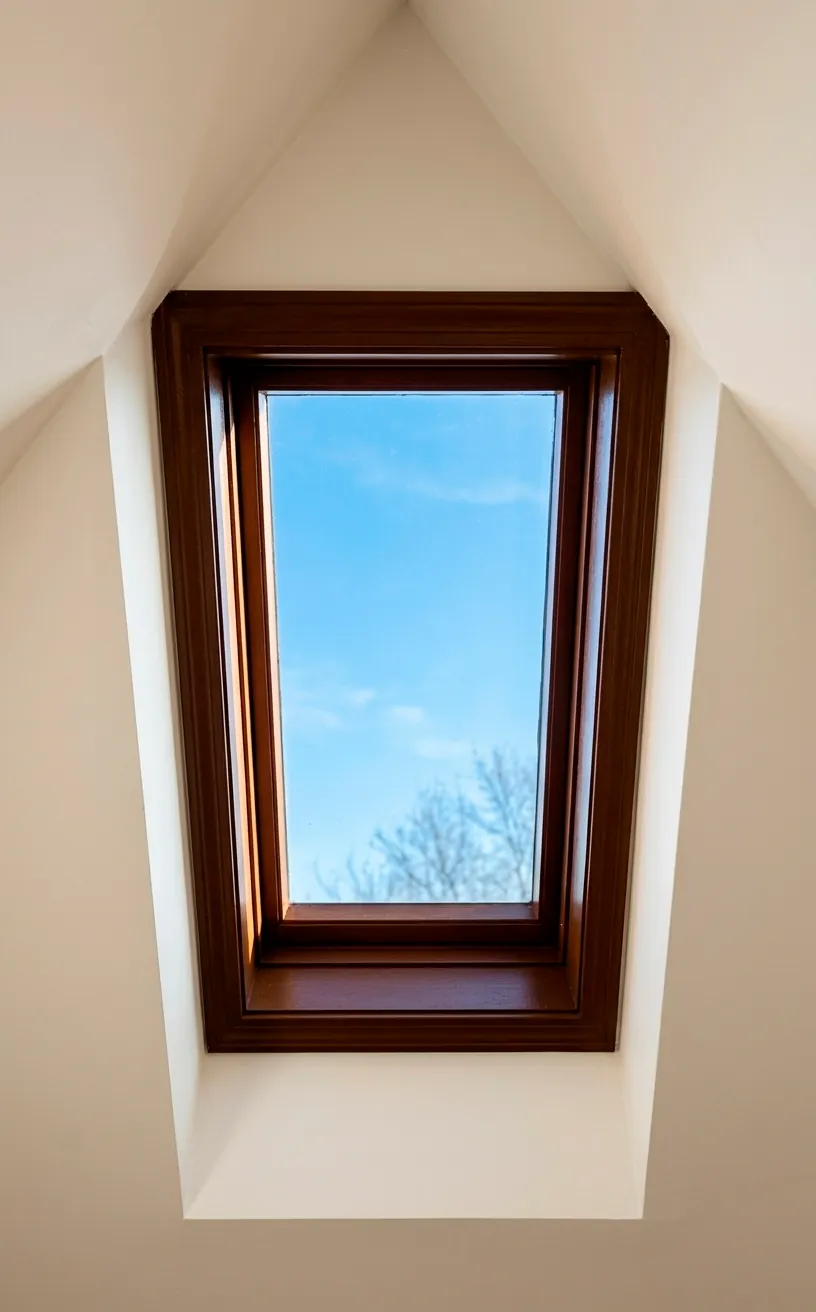 Attic skylight frame painted in rich gingerbread brown surrounded by a cream ceiling.