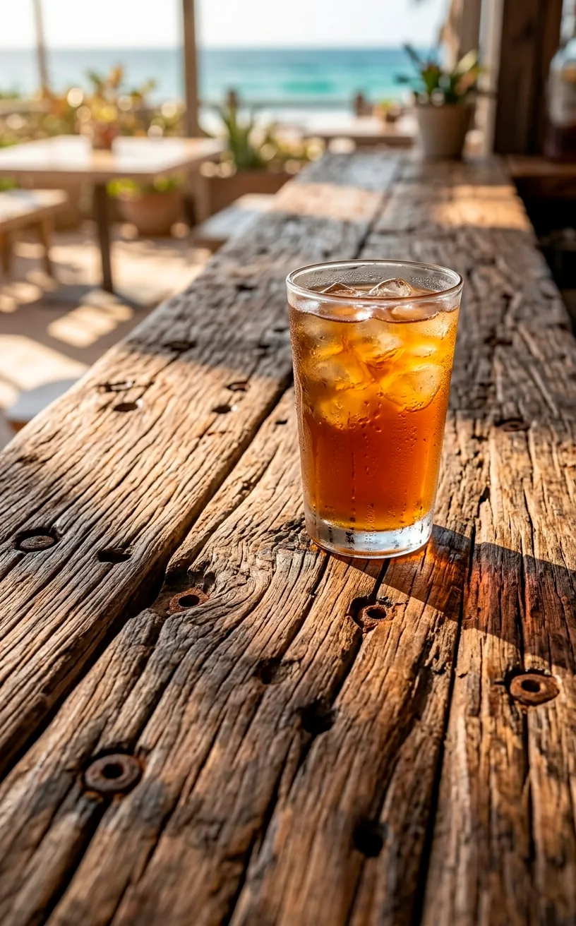 Close-up of a bar countertop made from reclaimed pier wood with deep textures and a cold drink.