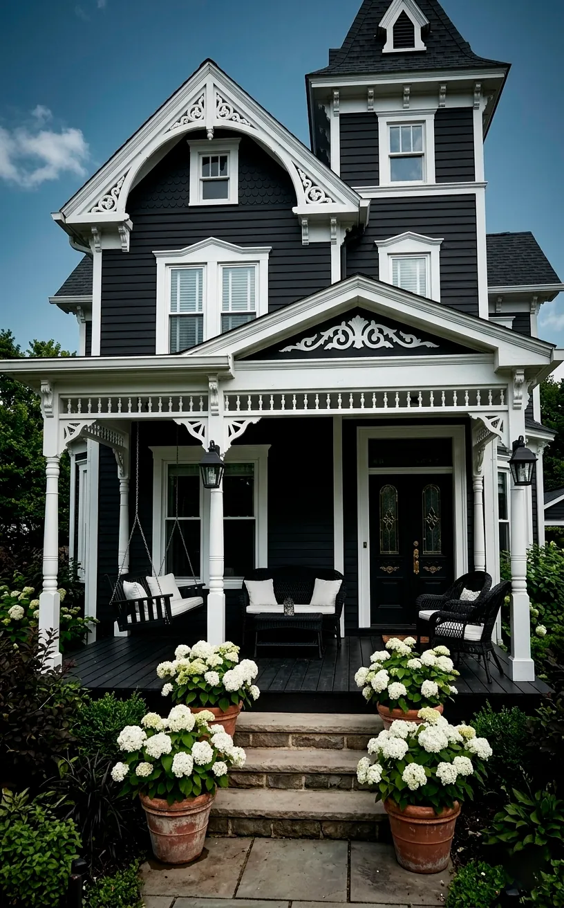 Black Victorian house with white ornate trim and a cozy front porch setup.