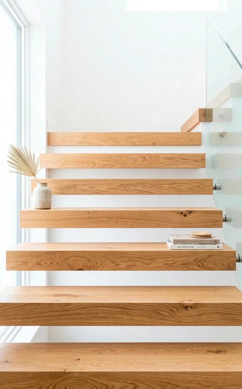 Thick white oak floating stair treads against a crisp white wall in a bright home.