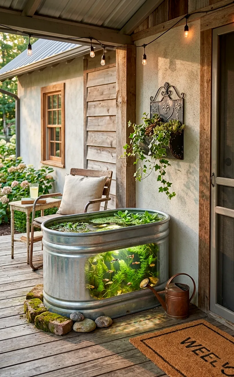 A galvanized steel stock tank mini pond with submerged oxygenating plants on a farmhouse porch.