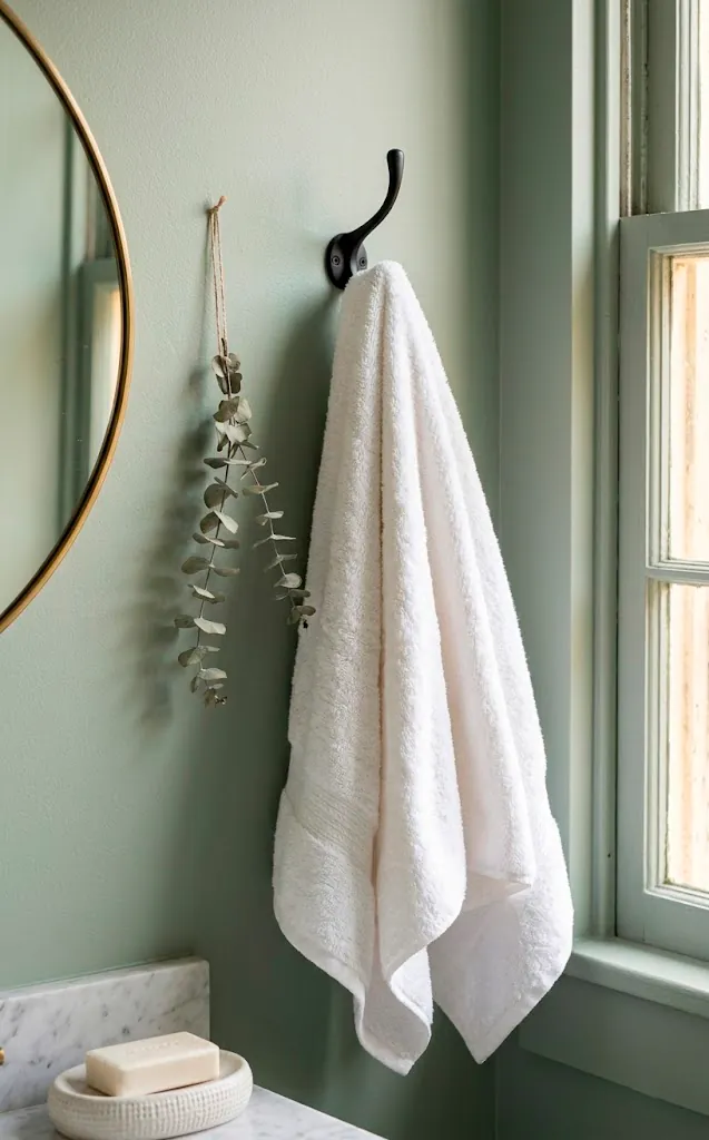 Matte black wrought iron robe hook holding a white towel in a sage green farmhouse bathroom with eucalyptus.