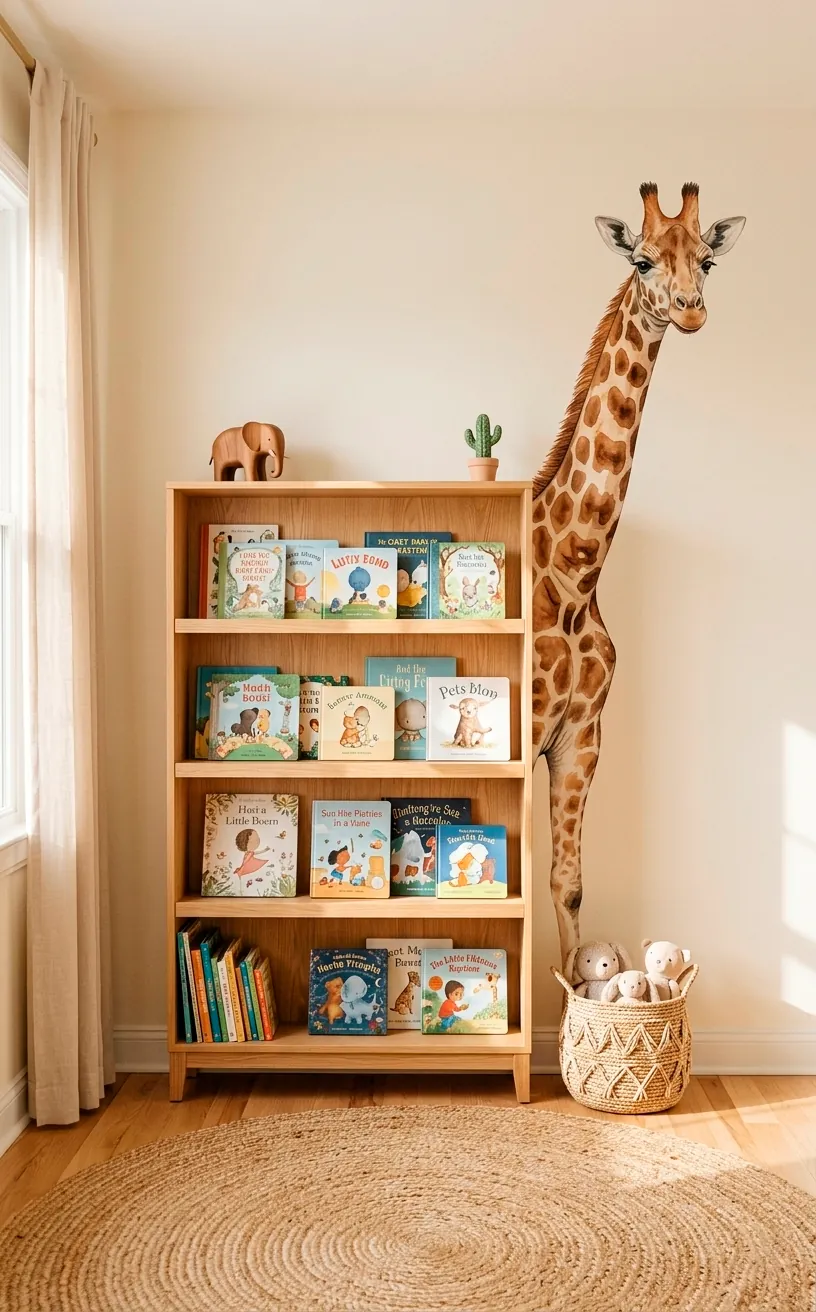 Nursery corner featuring a realistic watercolor giraffe wall decal peeking behind a wooden bookshelf.