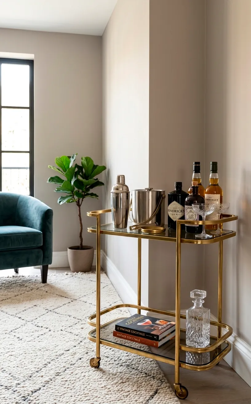 Vintage Art Deco brass bar cart styled with cocktail essentials