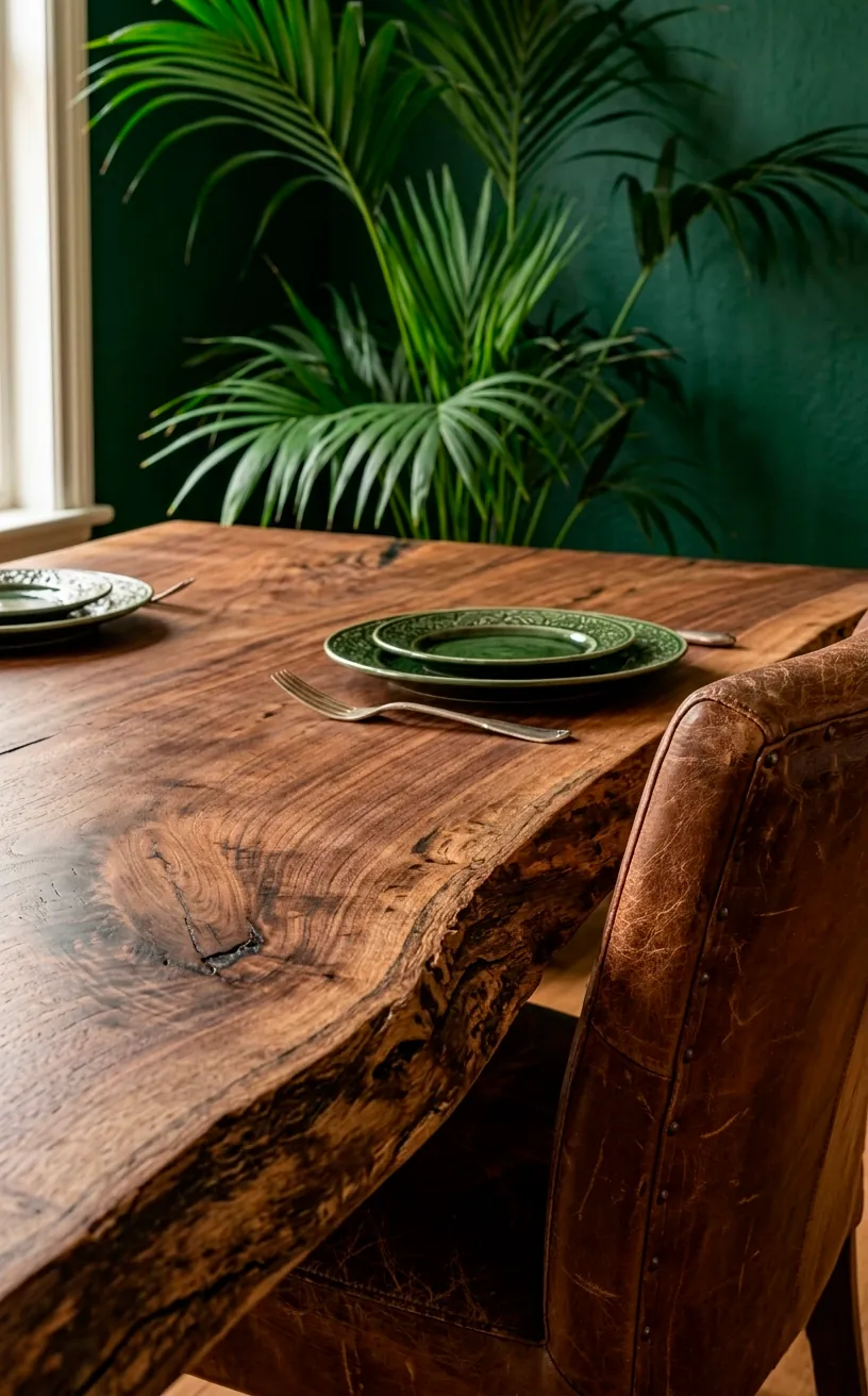 Solid live-edge walnut dining table with a vintage leather chair in a moody green plant-filled room.