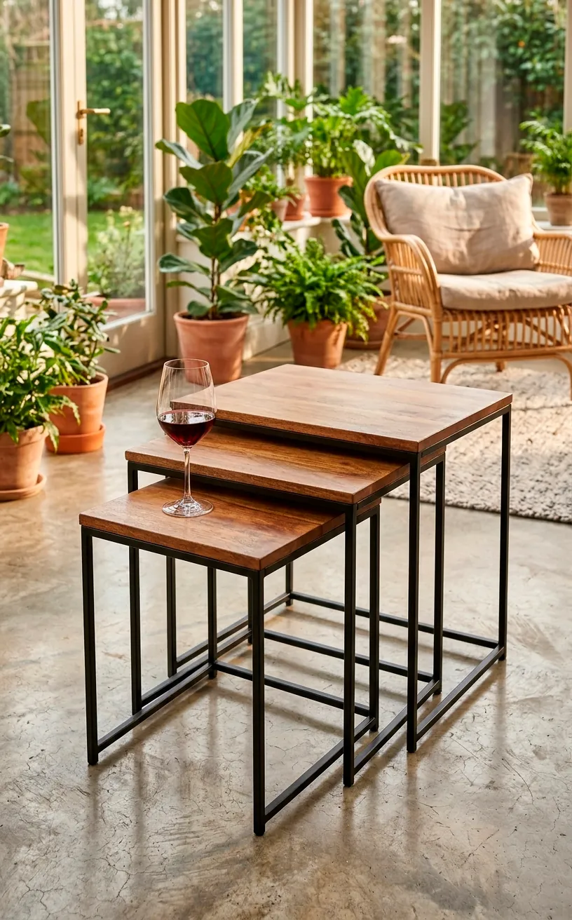 Set of three nesting side tables made of wood and metal in a sunlit home interior.