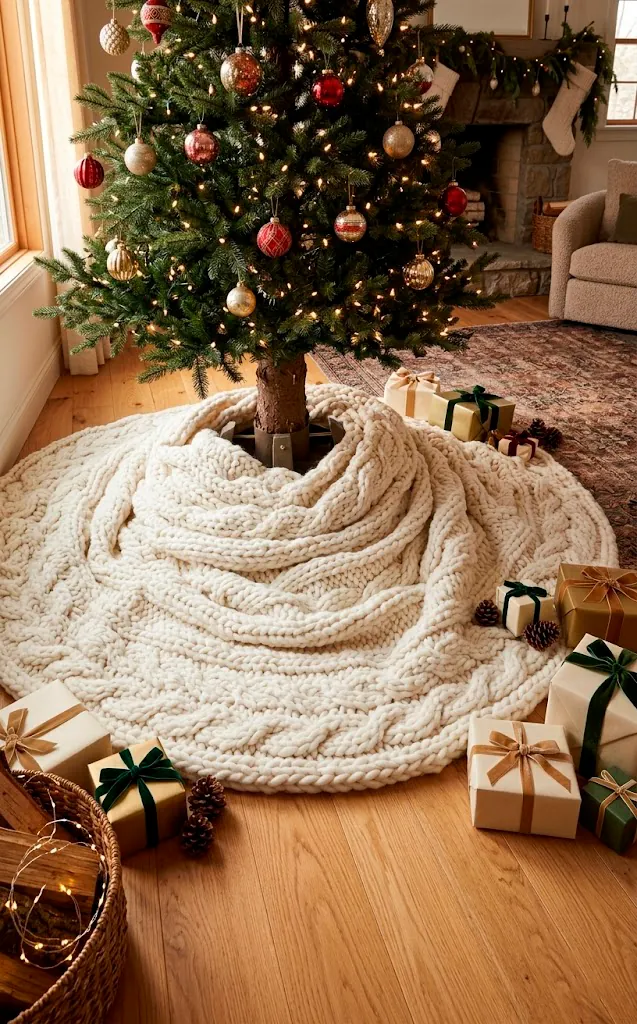 Chunky knit white wool tree skirt at the base of a Christmas tree.