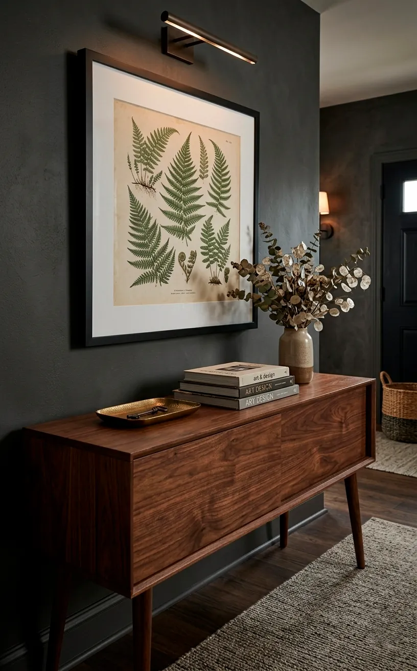 Botanical art print anchored 8 inches above a mid-century wooden console table in an entryway.