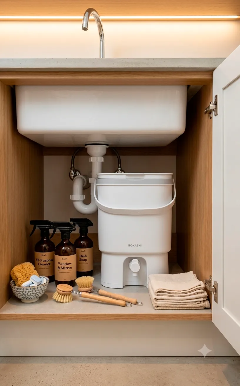Compact bokashi compost bin under an apartment kitchen sink for low waste organic recycling.
